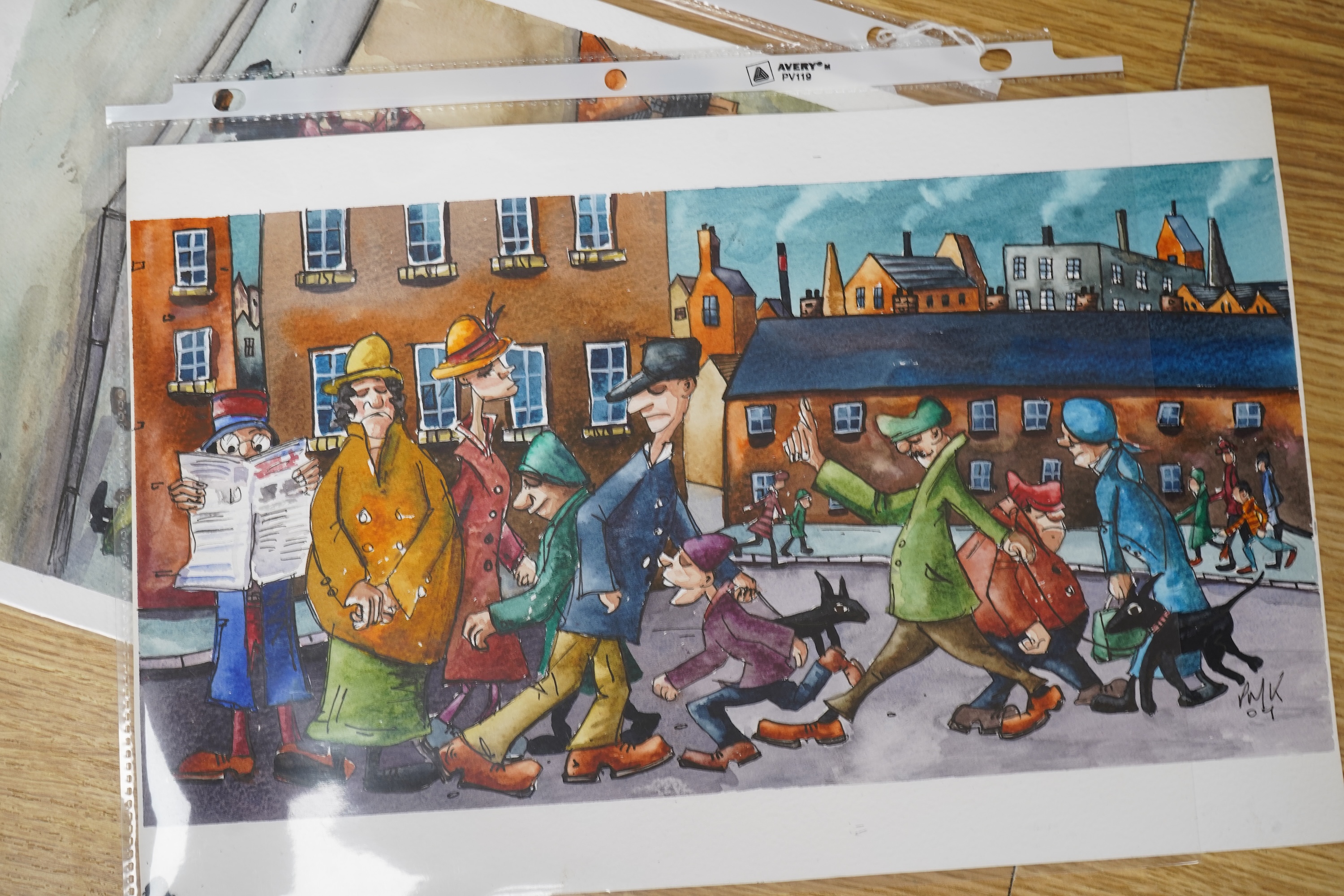 Paul M. Kiernan (contemporary), ‘Rush Hour’ and ‘Original Lowry Style’, initialled and dated ‘09, inscribed verso, two Modern British watercolour cartoons, unframed, 21 x 32cm